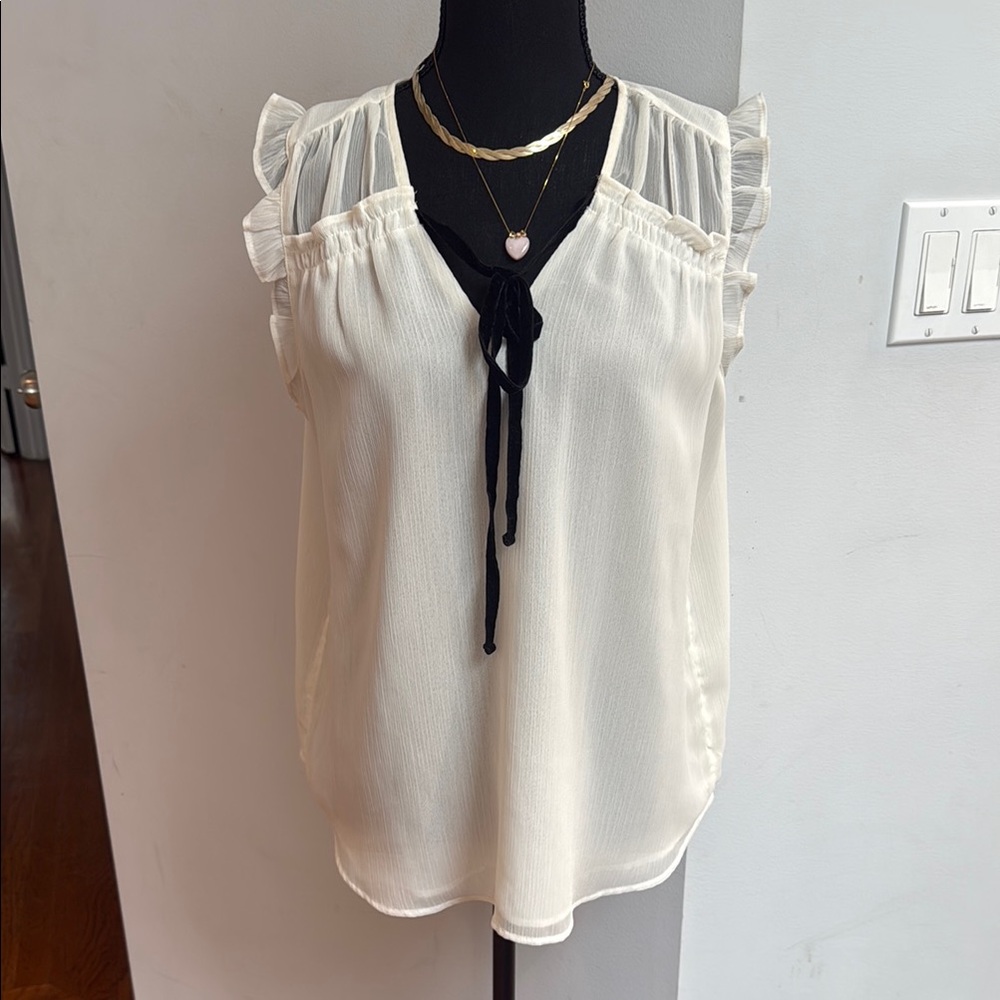 LOFT Cream Ruffled Tie Front Blouse